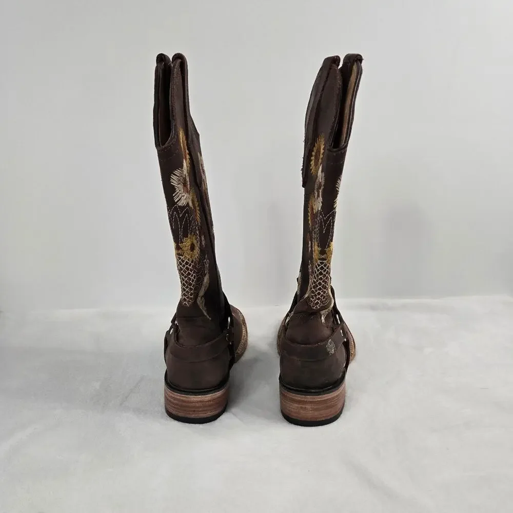 Women's Brown Embroidered Western Cowboy Boots Floral Sunflower Leather Harness